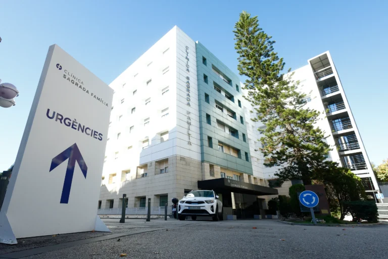 Infographic showing services, specialties, facilities, and location of Clínica Sagrada Família including 24/7 emergency care, surgical departments, and patient facilities in Barcelona.