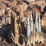 Sagrada Familia construction timeline infographic showing 1882 to 2035 completion estimate, current progress, finished and unfinished parts in Barcelona