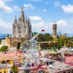 Tibidabo Entradas 2026 infographic showing ticket prices, types, transport options, and travel tips for visiting Tibidabo Amusement Park in Barcelona