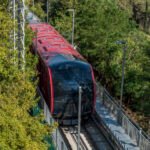 Modern infographic of the Cuca de Llum funicular in Barcelona showing the glass cable car ascending Tibidabo Mountain with skyline views, key travel facts, and route highlights for 2026 visitors.
