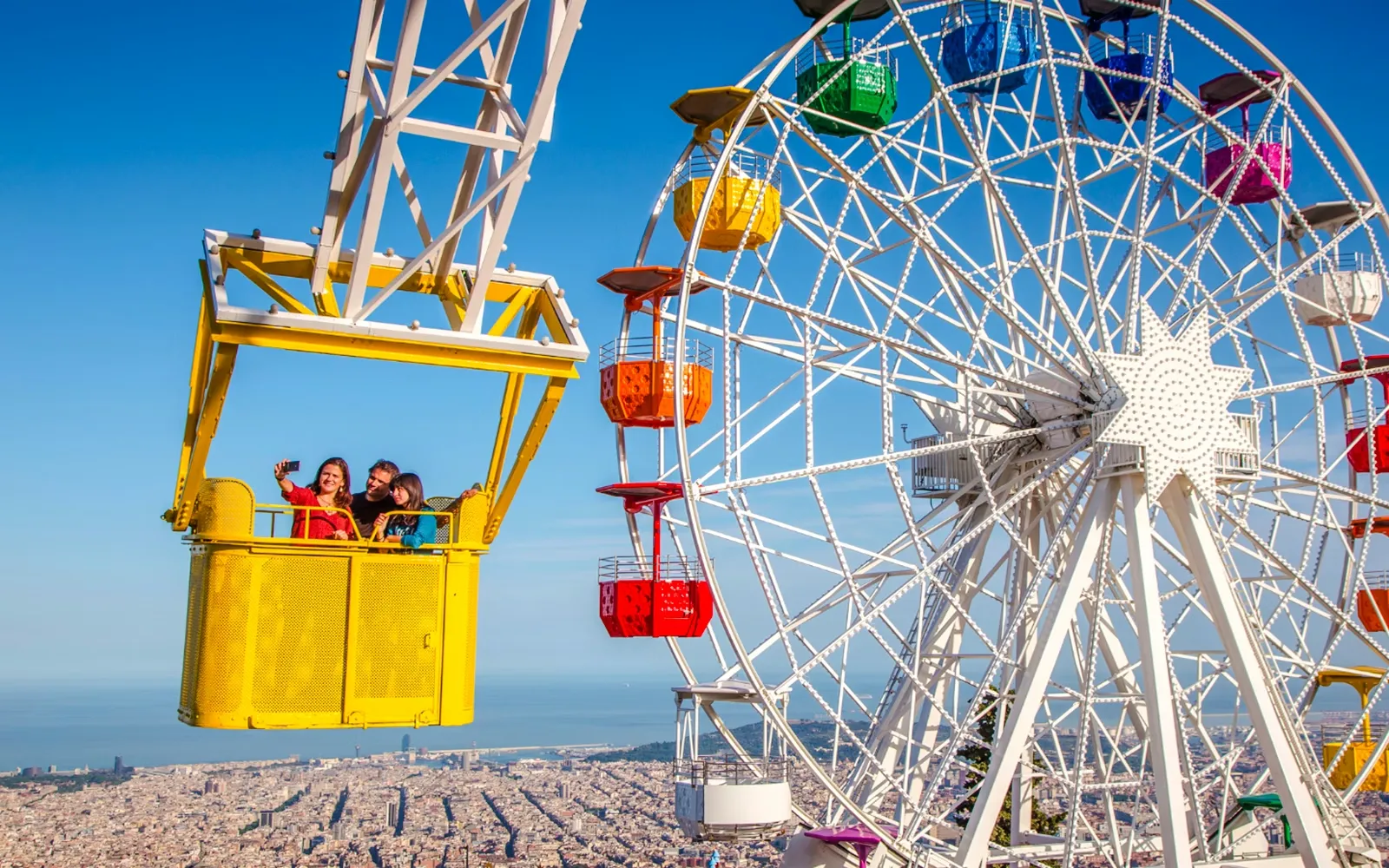 Infographic showing Tibidabo Theme Park Barcelona 2026 travel guide with rides, tickets, transport, best time to visit, and panoramic views of Barcelona from Mount Tibidabo.