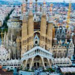 Infographic showing how to get to the Sagrada Familia in Barcelona using metro, bus, walking, taxi, and airport routes with travel times and tips