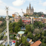 Tibidabo Amusement Park Barcelona infographic showing rides, tickets, transport options, and panoramic city views from the mountain with sunset skyline.