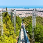 Funicular Tibidabo infographic showing route, tickets, travel tips, and scenic views of Barcelona from Tibidabo mountain