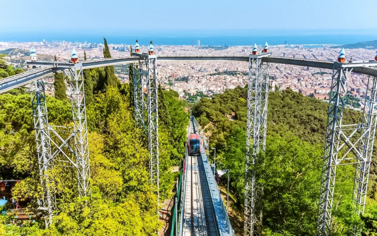 Funicular Tibidabo infographic showing route, tickets, travel tips, and scenic views of Barcelona from Tibidabo mountain