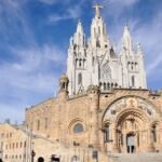 Panoramic sunset infographic of Mirador Tibidabo in Barcelona featuring skyline views, Tibidabo Temple, Ferris wheel, and top photography spots.