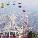 Infographic of Tibidabo Amusement Park in Barcelona showing panoramic city views, top rides, and travel tips for visiting the mountain-top theme park in 2026.