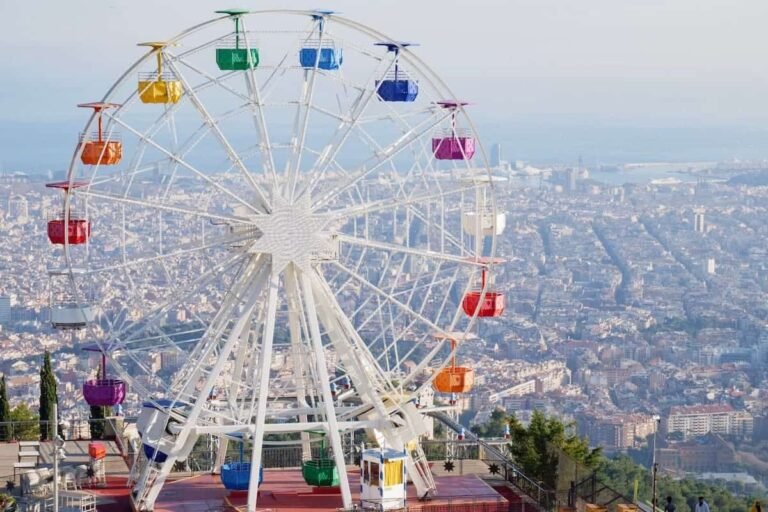 Infographic of Tibidabo Amusement Park in Barcelona showing panoramic city views, top rides, and travel tips for visiting the mountain-top theme park in 2026.