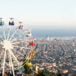 Panoramic infographic of Tibidabo Barcelona Spain featuring the Sagrat Cor Church, Tibidabo amusement park, sunset skyline views, Ferris wheel, funicular, and scenic mountain attractions overlooking Barcelona.