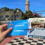 Tibidabo Store Barcelona shopping guide infographic featuring souvenirs, amusement park attractions, Catalan gifts, and panoramic city views in Spain