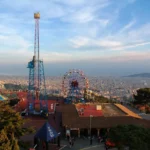 Infographic showing Vallvidrera, Tibidabo, and Les Planes in Barcelona with scenic hiking trails, Tibidabo Church, panoramic viewpoints, funicular transport, and Collserola nature experiences.