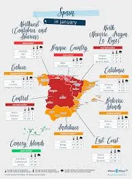 Infographic showing weather in Spain in January 2026, including temperatures by region, warmest destinations like the Canary Islands, southern Spain, Madrid, and northern Spain climate differences.