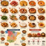 Traditional Spain Food Guide 2026 infographic featuring 20 authentic Spanish dishes including paella, jamón ibérico, tortilla española, regional food specialties, tapas culture, traditional desserts, drinks, and Spain's top culinary regions.
