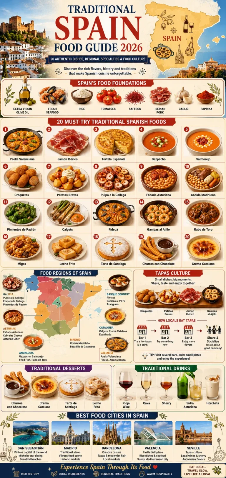 Traditional Spain Food Guide 2026 infographic featuring 20 authentic Spanish dishes including paella, jamón ibérico, tortilla española, regional food specialties, tapas culture, traditional desserts, drinks, and Spain's top culinary regions.