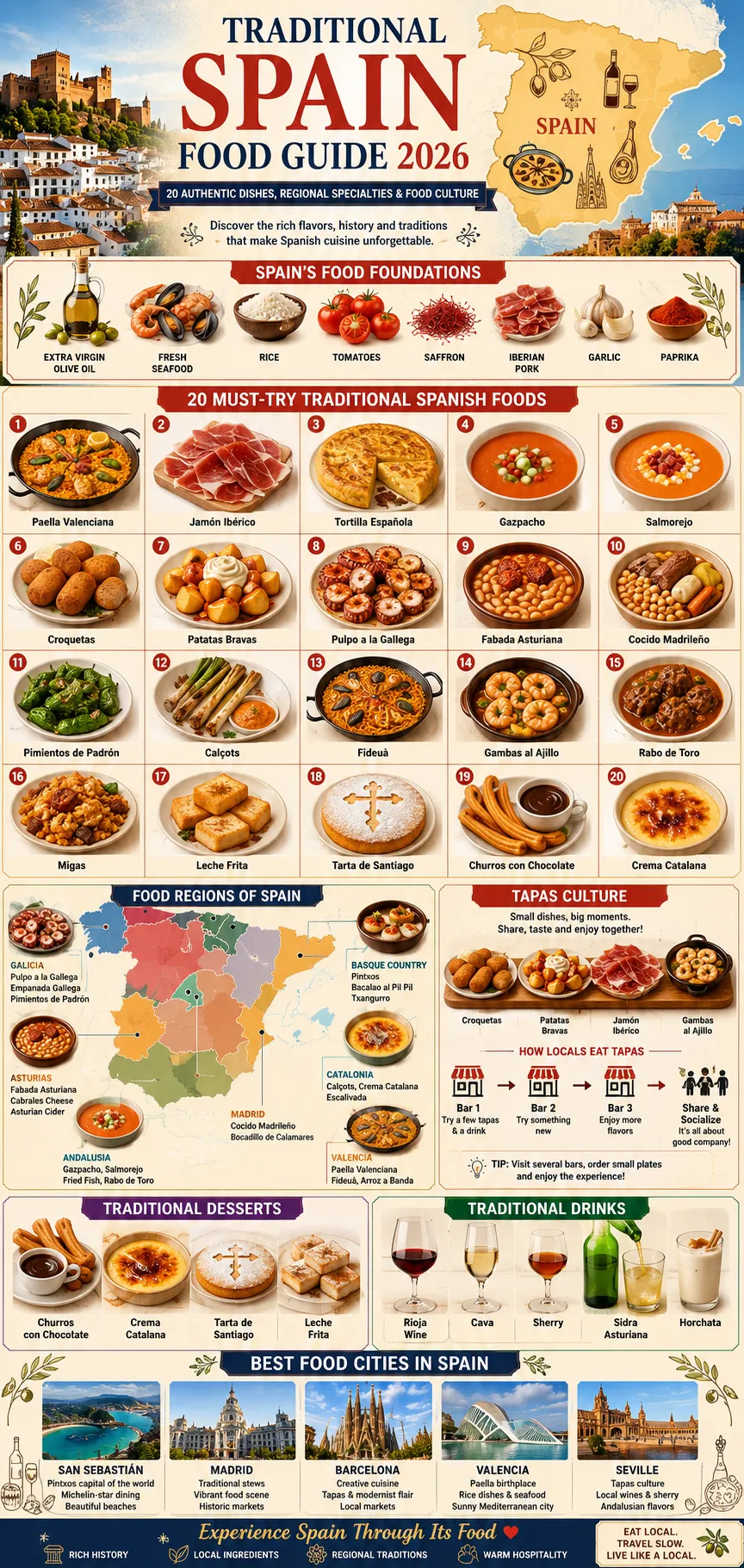 Traditional Spain Food Guide 2026 infographic featuring 20 authentic Spanish dishes including paella, jamón ibérico, tortilla española, regional food specialties, tapas culture, traditional desserts, drinks, and Spain's top culinary regions.