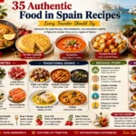 Authentic food in Spain recipes including paella, tapas, tortilla española, gazpacho, croquetas, and traditional Spanish dishes from different regions of Spain.