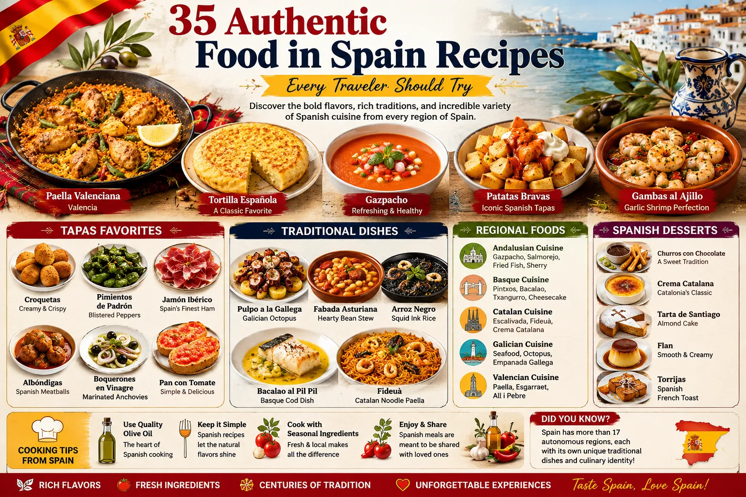 Authentic food in Spain recipes including paella, tapas, tortilla española, gazpacho, croquetas, and traditional Spanish dishes from different regions of Spain.