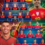 Infographic showing the Portugal National Football Team vs Spain National Football Team predicted lineups, 4-3-3 formations, tactical comparison, key player matchups, and head-to-head statistics for the 2026 international football clash.
