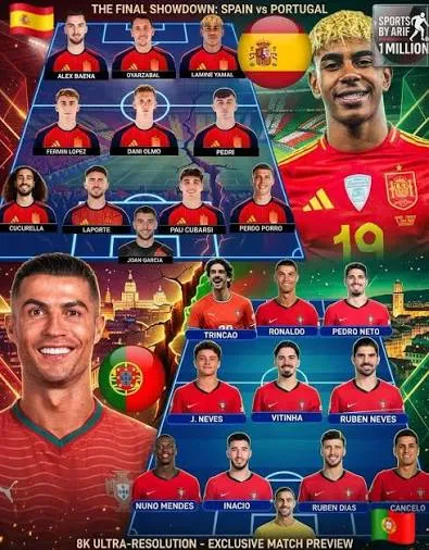 Infographic showing the Portugal National Football Team vs Spain National Football Team predicted lineups, 4-3-3 formations, tactical comparison, key player matchups, and head-to-head statistics for the 2026 international football clash.